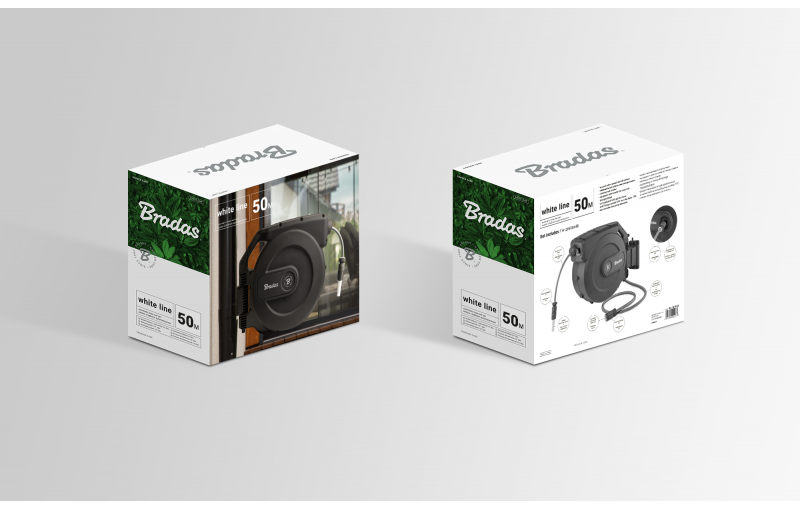 Bradas Wandslangenbox WHITE LINE 13 mm (1/2") - 50m - Automatisch oprolbaar - compleet met koppelingen Bradas