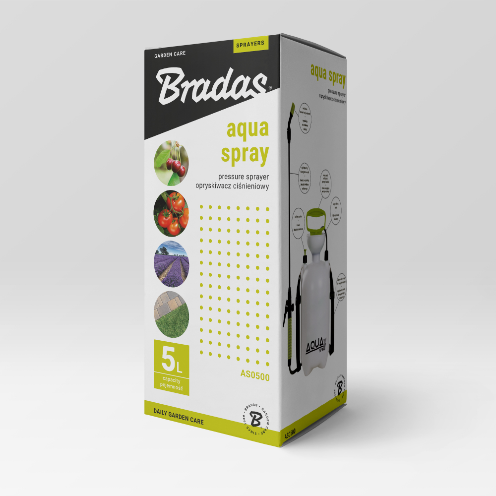 Detail van de Bradas AQUA SPRAY 5L drukspuit met transparante PE-tank.