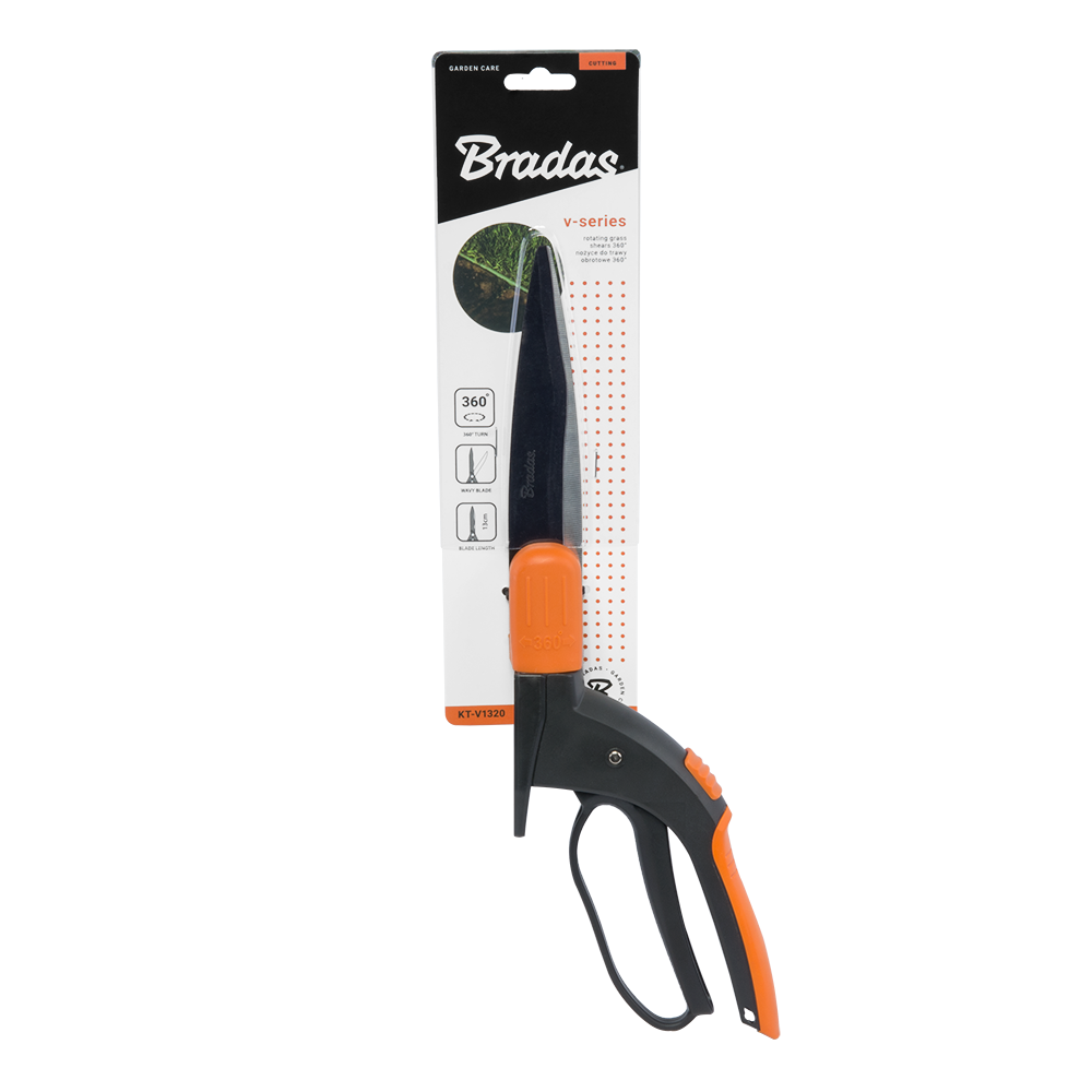 Detailweergave van de golvende snijkant van de Bradas grasschaar