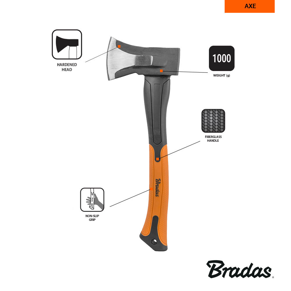 Bradas Splijtbijl met ergonomisch ontwerp en versterkt glasvezel handvat.