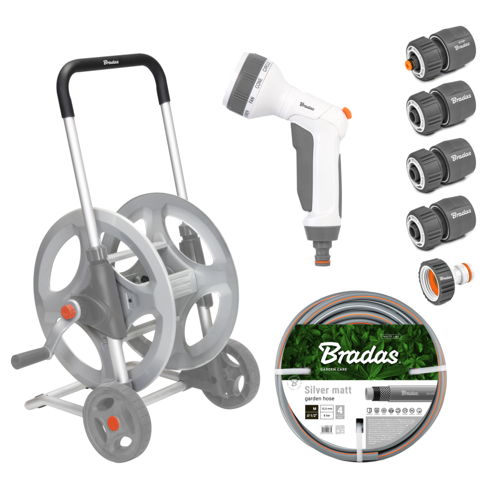 Bradas White Line Metalen Slangenwagen Silver Pro met tuinslang en accessoires