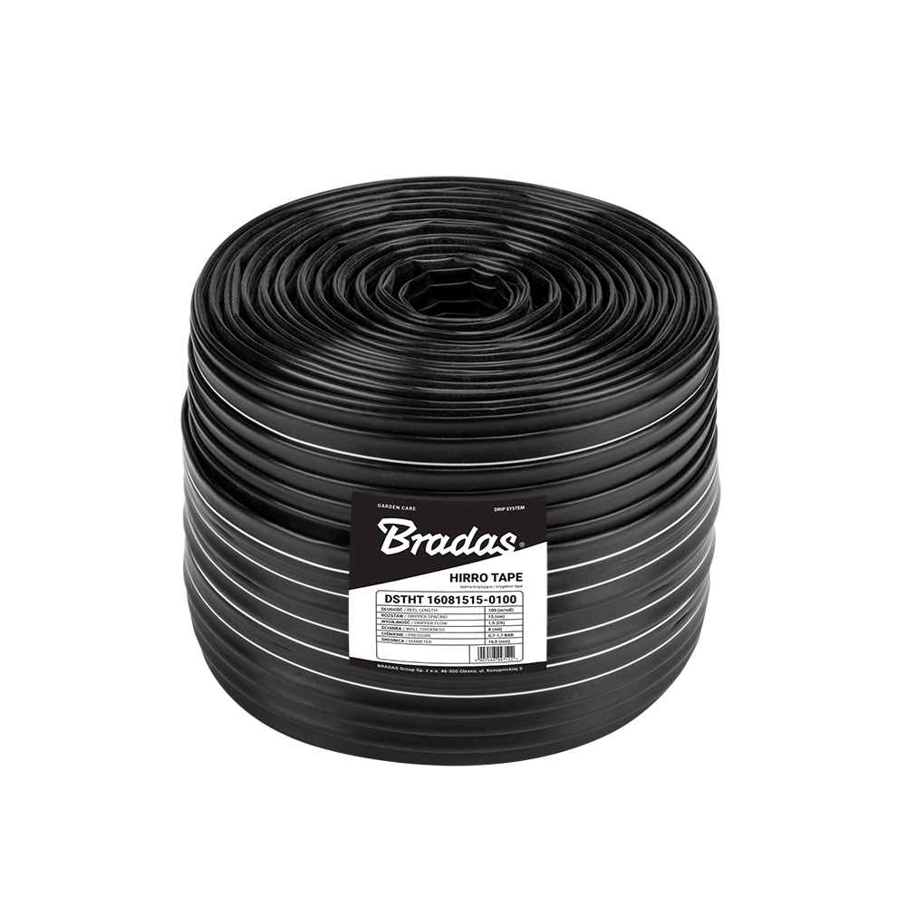 Bradas Hirro druppeltape 100 meter – 16 mm, 1.5 l/u, 20 cm afstand – voor irrigatie van rijen gewassen
