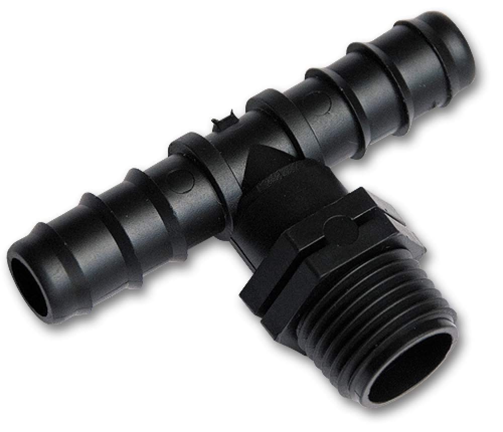 Bradas T-stuk 1/2" buitendraad met twee 16 mm slangtules voor irrigatieverbindingen