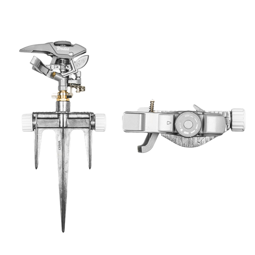 Bradas TRITON pulssproeier met metalen behuizing en driepunts bevestiging voor 555 m² bewatering