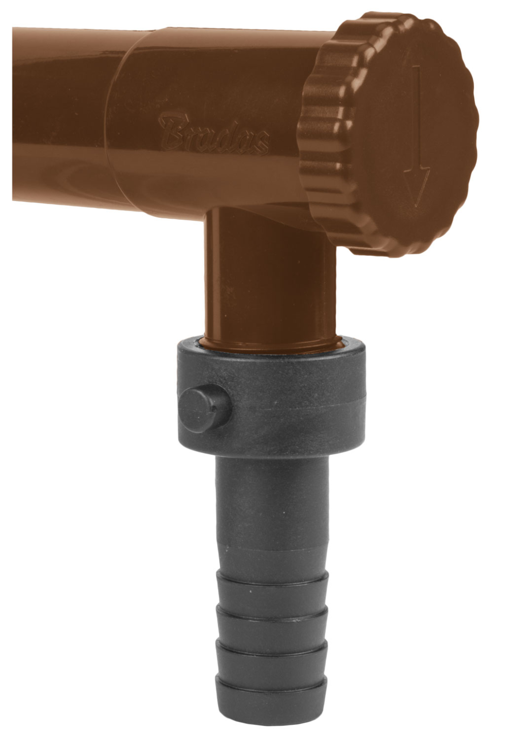 Regentonautomaat gemonteerd op metalen regenpijp