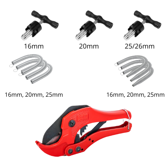 Meerlagenbuis montage set compleet - PVC Knipper - Inwendige buigveren - Uitwendige buigveren - Kalibrators - Ontbramers - 16/ 20 / 25/26 mm