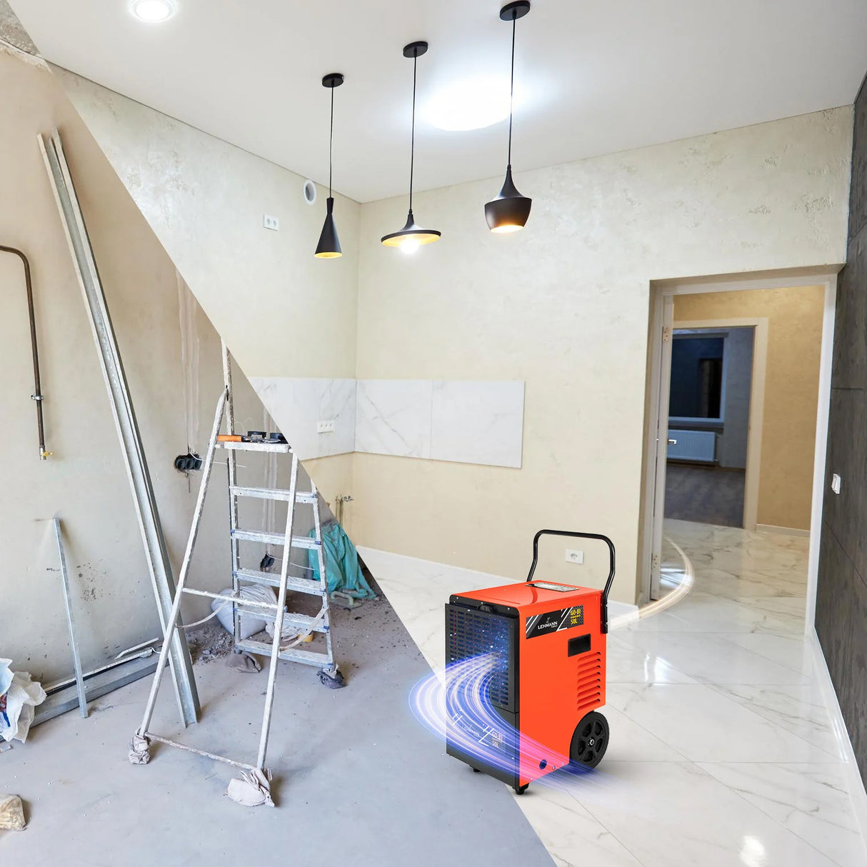 Robuuste Lehmann luchtontvochtiger, uitgerust met wielen voor eenvoudig transport tussen werkruimtes.