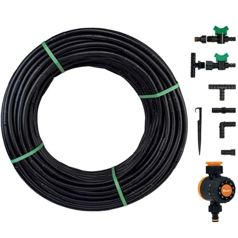 Druppel slang met accessoires zoals haken, kleppen en timer.