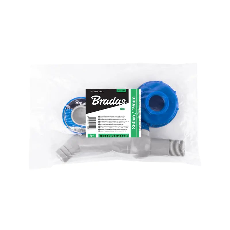Bradas Set – Witte PP 45 graden Kraan met IBC S60x6 Adapter voor 13 mm Slang en PTFE Tape Bradas
