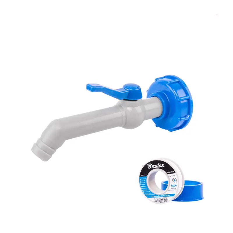 Bradas Set – Witte PP 45 graden Kraan met IBC S60x6 Adapter voor 25 mm Slang en PTFE Tape Bradas