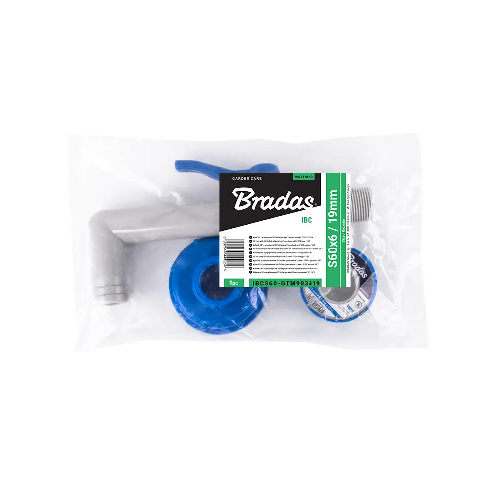 Detail van de Bradas IBC S60x6 Adapter en 90 Graden Kraan met PTFE Tape.