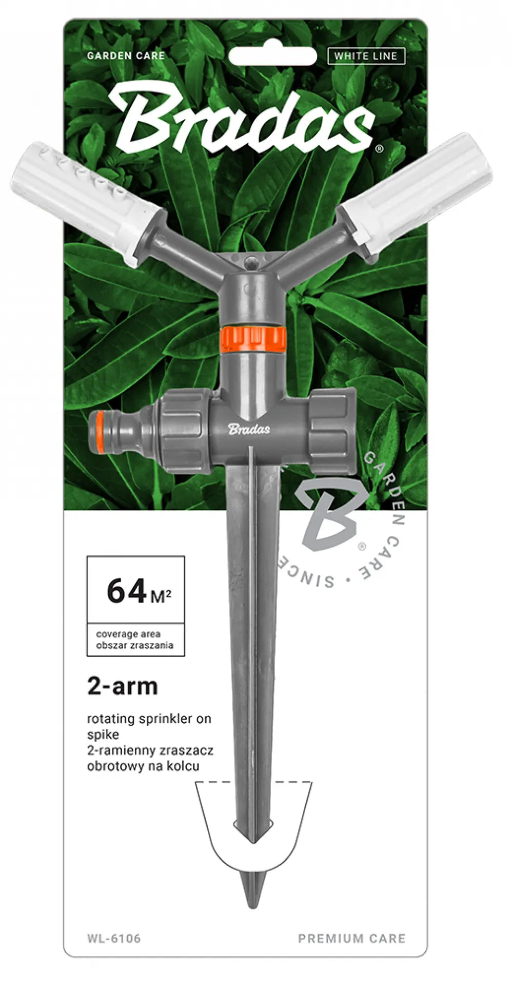 Detail van de Bradas WHITE LINE Sproeier met twee verstelbare armen en stevige spike voor stabiele plaatsing.
