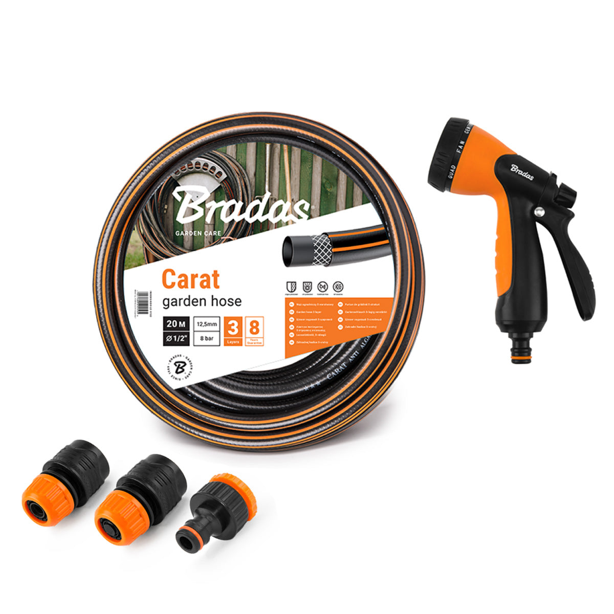 Bradas Carat tuinslang 1/2 inch met koppelingen en 8-functie spuitpistool – complete tuinset.