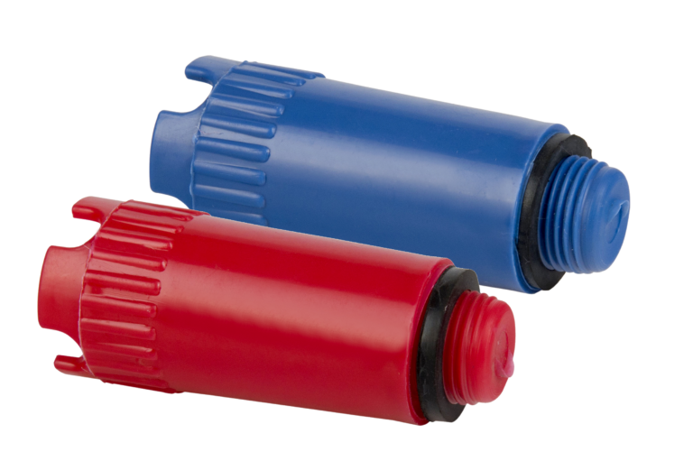 Detailweergave van de Diamond afpersplug in blauw, met een sterk kunststof ontwerp en schroefdraad voor optimale dichtheidstests.