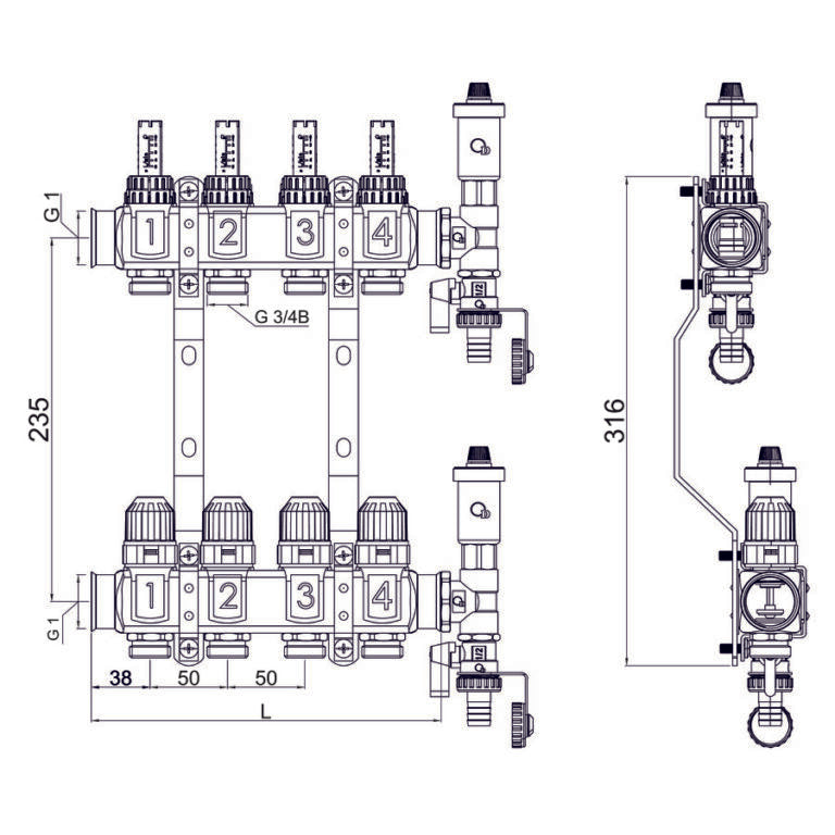Diamond verdeler compleet met flowmeters en thermostatische ventielen