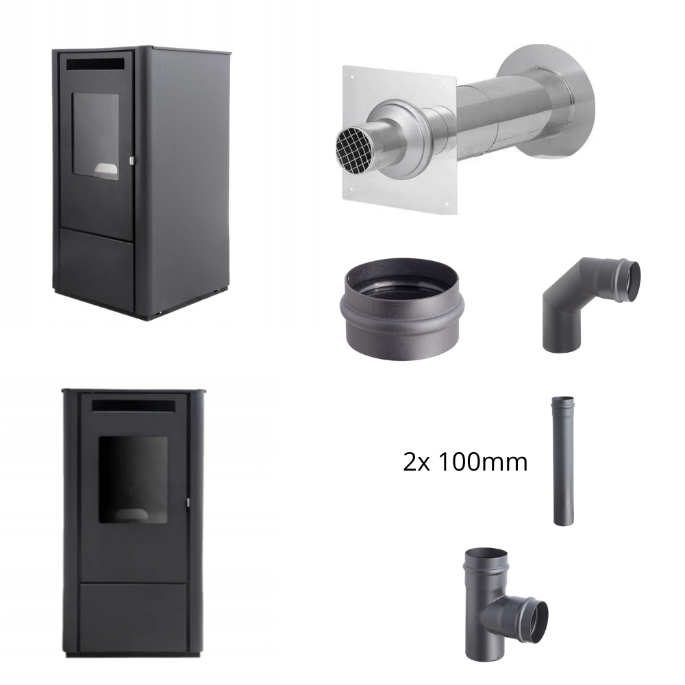 Ferretti Milano 9 kW Pelletkachel – EWG-80 Geveldoorvoer + Darco SPKP Ø80 (2×1 m, 90° bocht, T-stuk, condensatiedop)