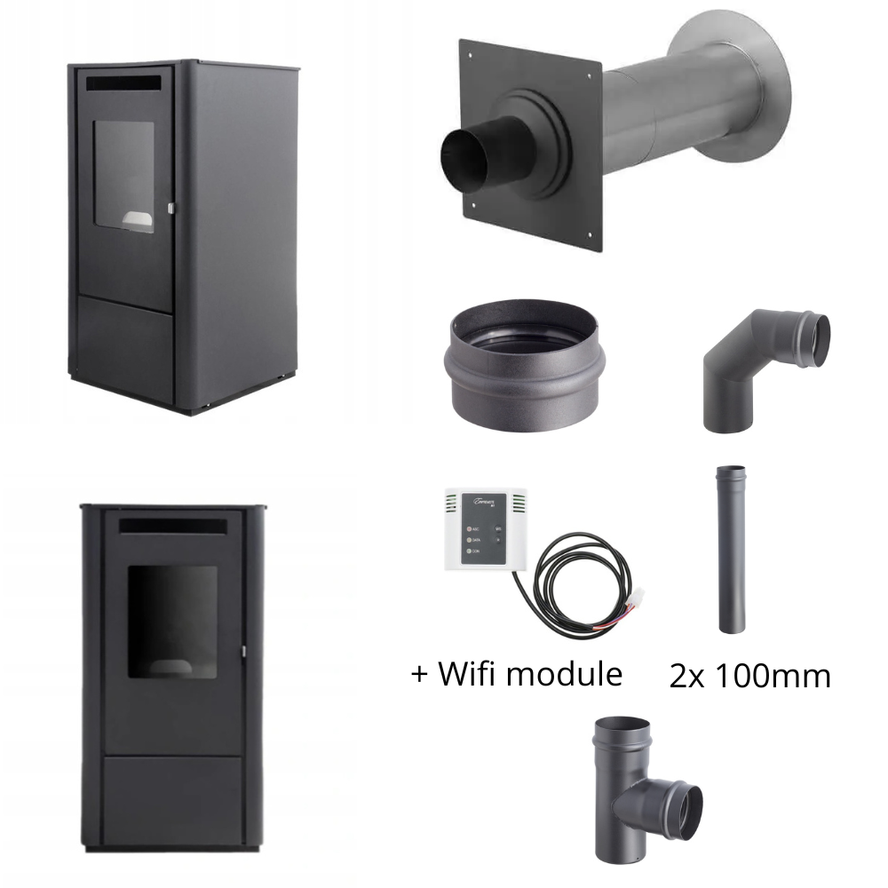 Ferretti Milano 9 kW Zwart + Duepi Wi-Fi – Geveldoorvoer Holetherm (zwart) EWG-80 & Darco SPKP Ø80 (2×1 m, 90° bocht, T-stuk, condens)