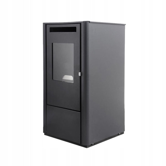 Zijkant pelletkachel aangesloten op Darco afvoer Ø80