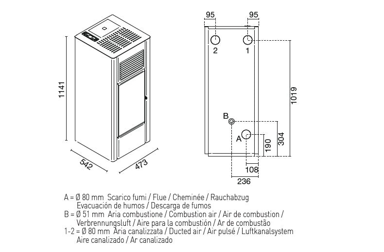 Pelletkachel Giusy met flexibel rook- en luchttoevoerkanaal, veilig te installeren met drie verwarmingsuitgangen voor maximaal comfort.