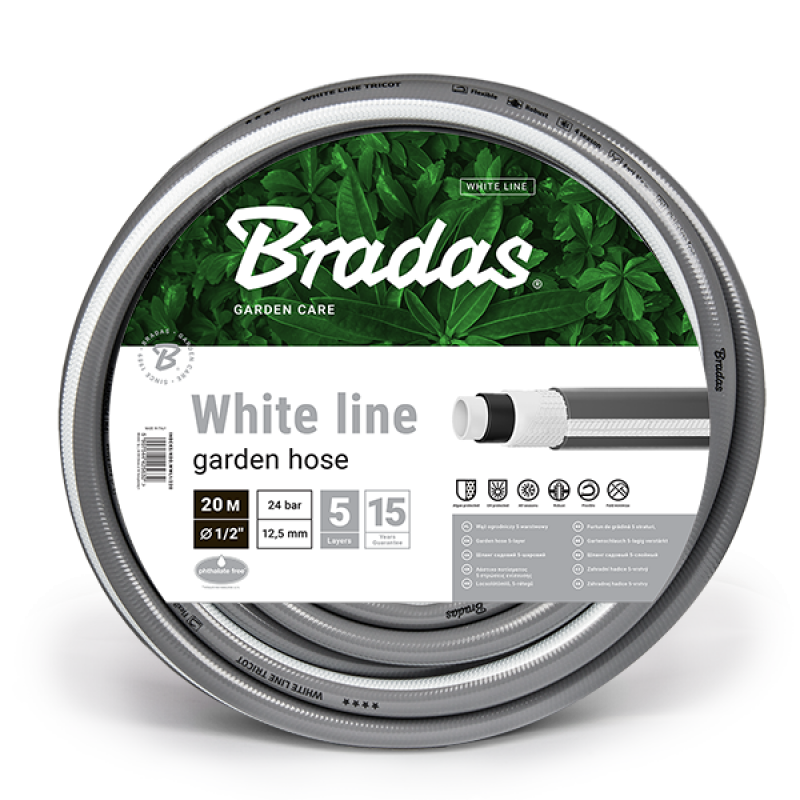 Complete Bradas White Line tuinslangset met multifunctioneel spuitpistool en koppelingen.