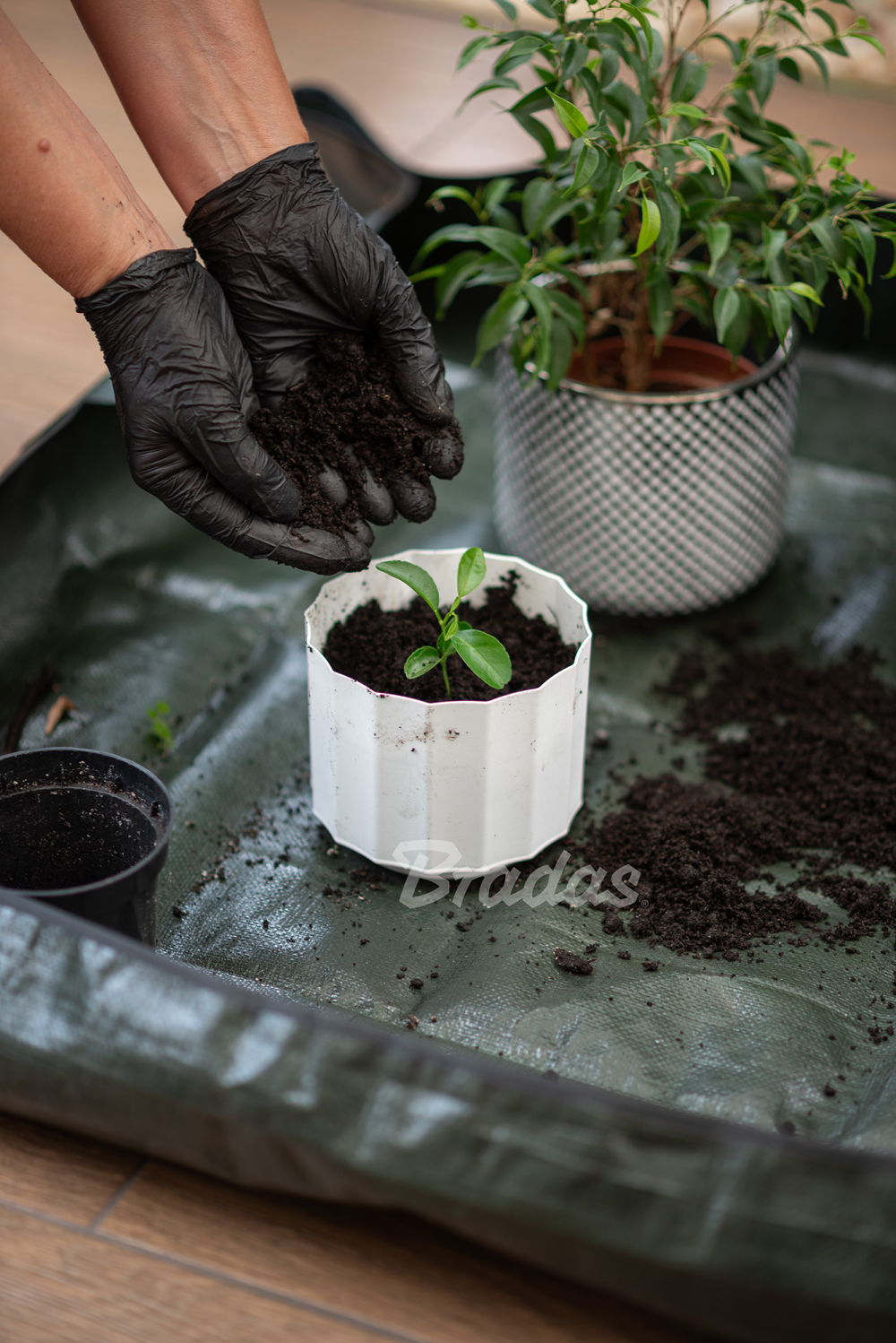 Compact opgevouwen verpotmat voor balkon en tuin