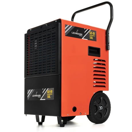 Lehmann industriële luchtontvochtiger 50L/24H – ideaal voor vochtbestrijding op bouwplaatsen.
