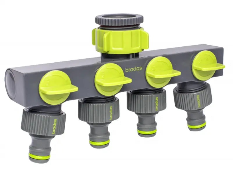 Bradas LIME LINE waterverdeler 4-weg met kranen 25 mm (1") inclusief 19 mm (3/4") adapter Bradas