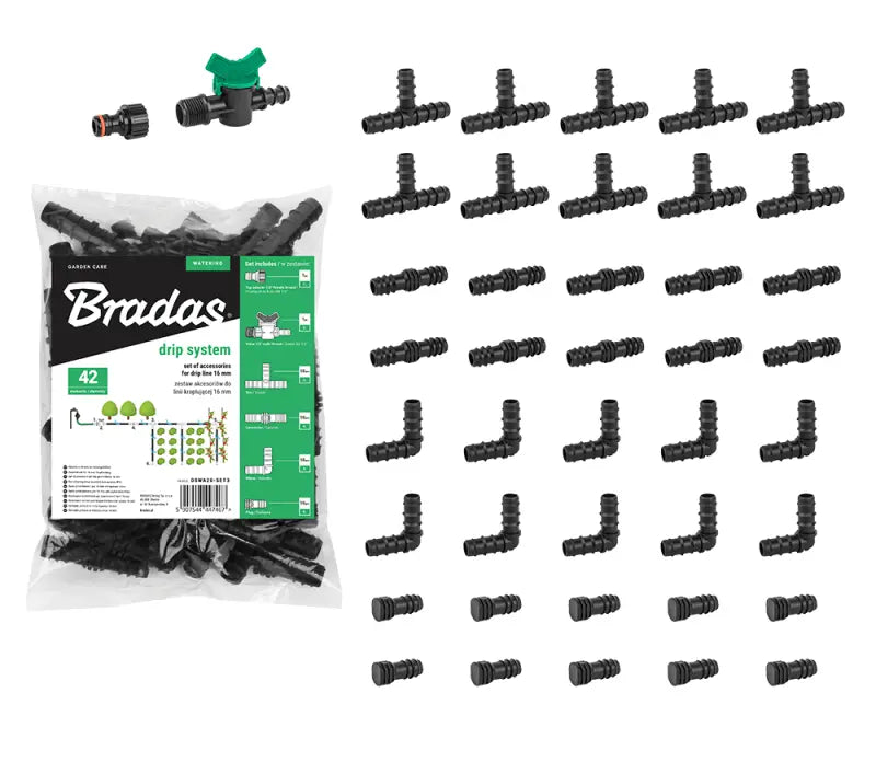 Bradas Accessoireset 16mm voor Druppelleiding | Installatie-shop.nlBradas Accessoireset voor druppelleiding 16 mm - 42 stuks