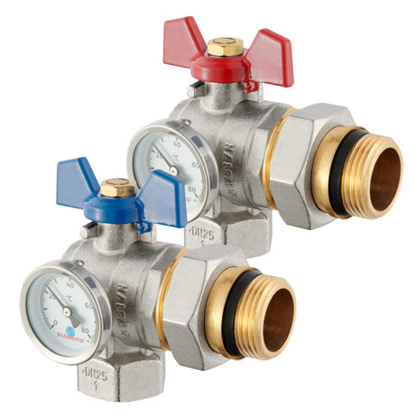 Haakse kogelkraan DN25 met thermometer rood