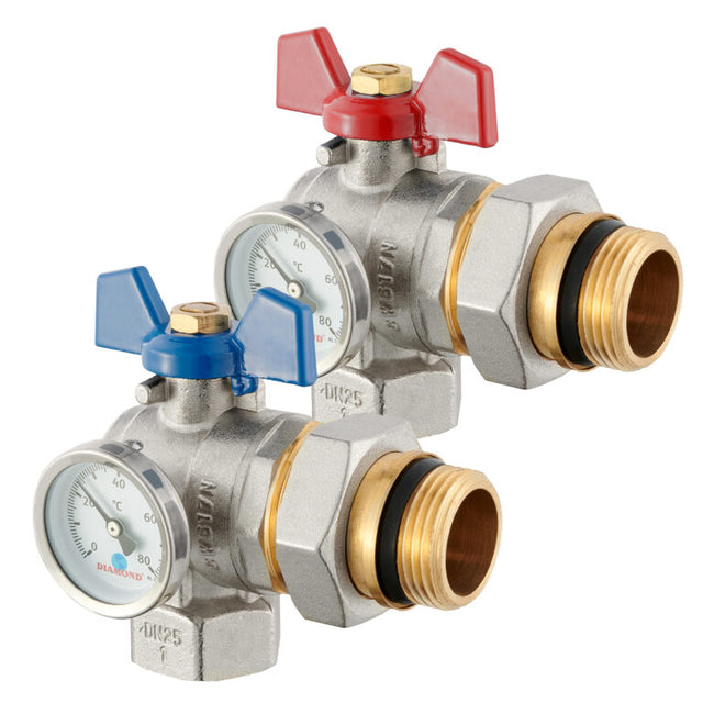 Haakse kogelkraan DN25 met thermometer rood