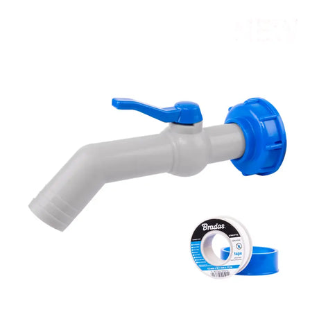 Bradas Set – Witte PP 45 graden Kraan met IBC S60x6 Adapter voor 32 mm Slang en PTFE Tape Bradas