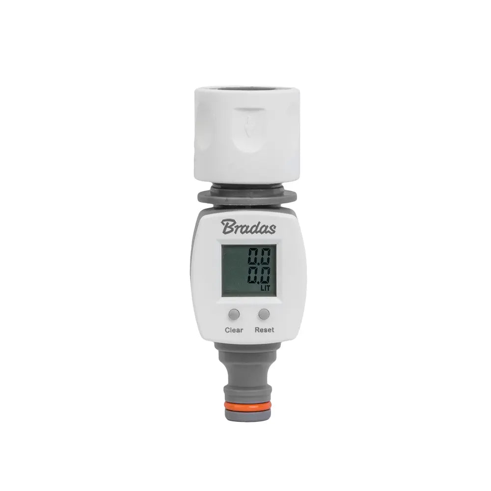 Detail van de Bradas WHITE LINE Watermeter met adapter en keuze tussen liters of gallons.