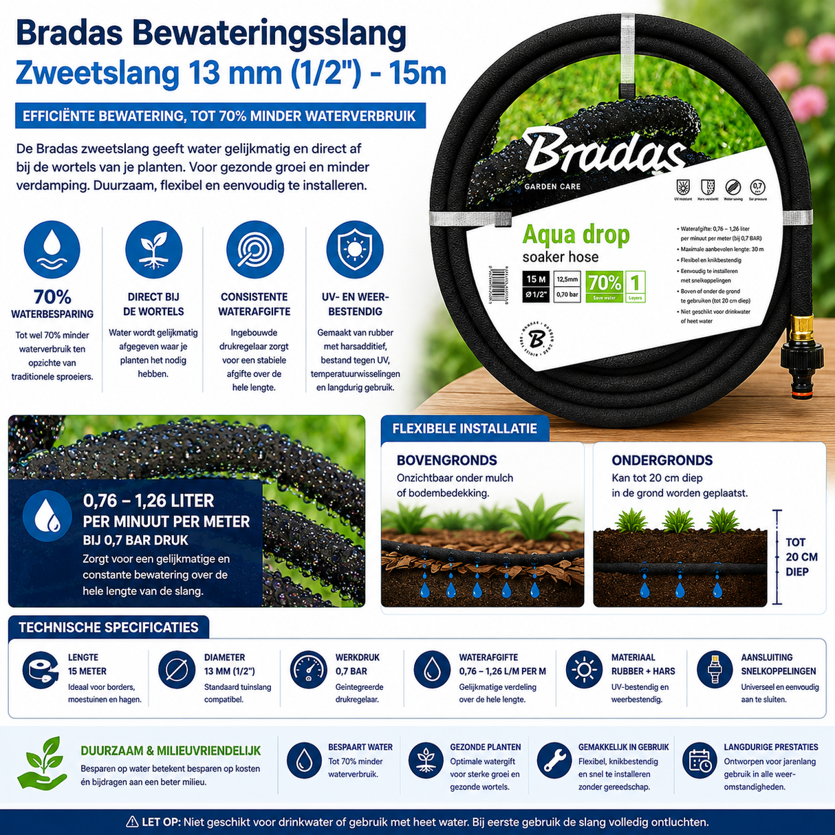 Bradas Bewateringsslang - Zweetslang 13 mm (1/2") - 15m