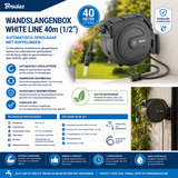 Bradas Wandslangenbox White Line 40m (1/2”) – Automatisch oprolbaar met koppelingen