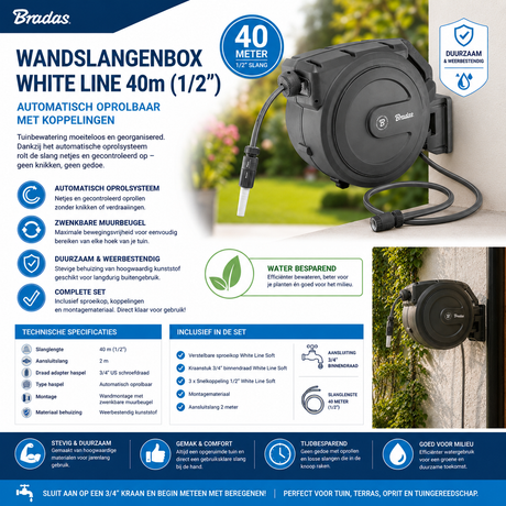 Bradas Wandslangenbox White Line 40m (1/2”) – Automatisch oprolbaar met koppelingen