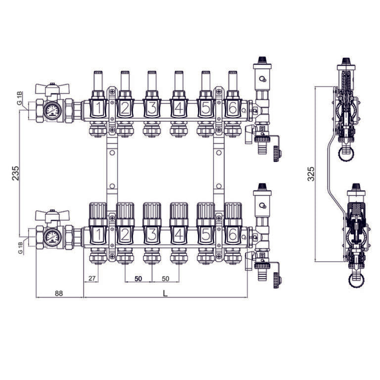 Vloerverwarming verdeler met temperatuurmeters en afsluitkranen