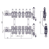 Vloerverwarming verdeler met temperatuurmeters en afsluitkranen