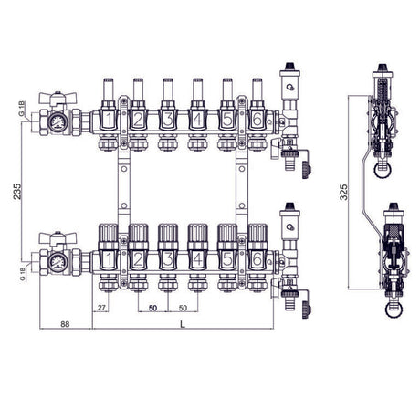 Vloerverwarming verdeler met temperatuurmeters en afsluitkranen