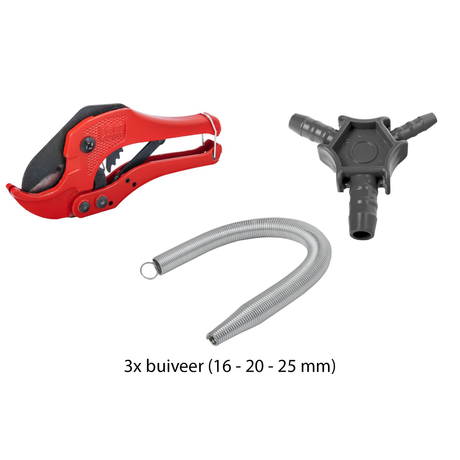 Meerlagenbuis (PEX) montage set met kalibrator, buizensnijder en buigveer voor professionele installatie.