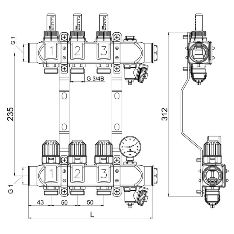 Verdeler met manometer en flowmeters 0.5–5 l/min