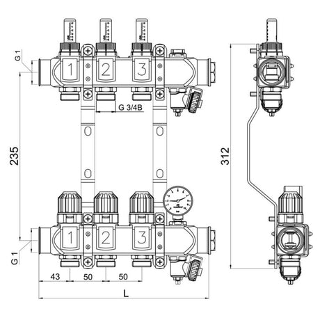 Verdeler met manometer en flowmeters 0.5–5 l/min