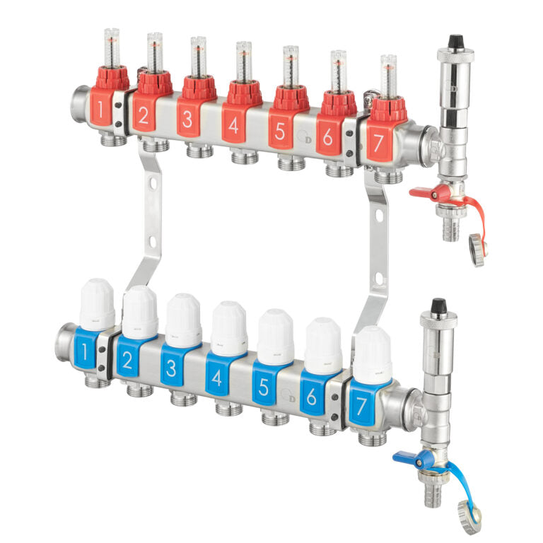 RVS verdeler voor vloerverwarming met 8 groepen