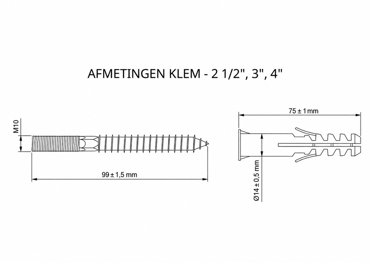 Afmetingen plug Diamond buisklem