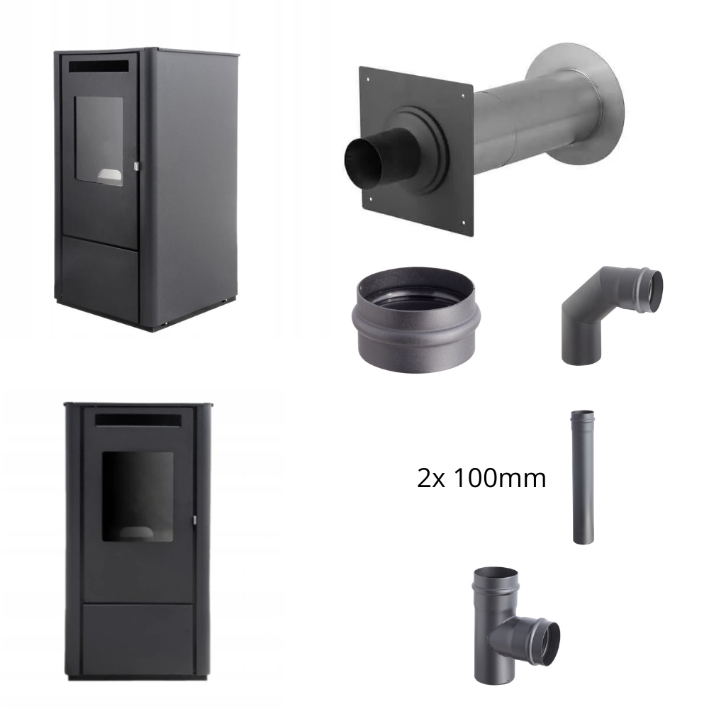 Ferretti Milano 9 kW Pelletkachel  – EWG-80 Geveldoorvoer (zwart) + Darco SPKP Ø80 (2×1 m, 90° bocht, T-stuk, condensatiedop)