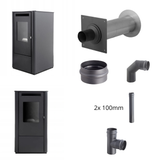 Ferretti Milano 9 kW Pelletkachel  – EWG-80 Geveldoorvoer (zwart) + Darco SPKP Ø80 (2×1 m, 90° bocht, T-stuk, condensatiedop)