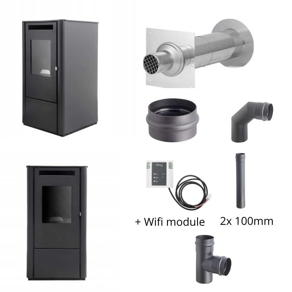 Ferretti Milano 9 kW Zwart + Duepi Wi-Fi – Geveldoorvoer Holetherm EWG-80 & Darco SPKP Ø80 (2×1 m, 90° bocht, T-stuk, condens)